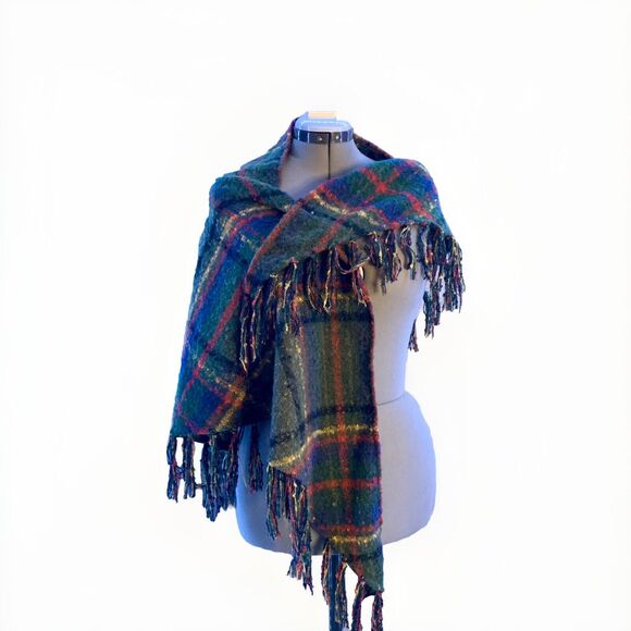 Free People Plaid Fall Wrap, Green Blue Red Tartan, Boho, Shawl Fringe Scarf - Picture 1 of 11